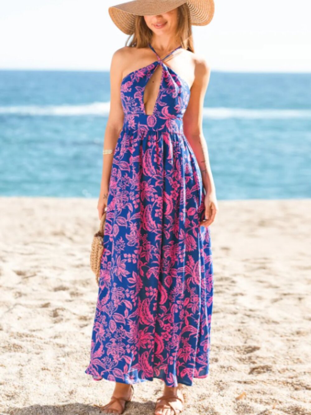 NWOT Blue Pink Halter Smocked Electric Blossoms Floral Maxi Dress Women’s Small